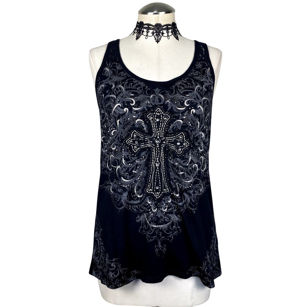 Vtg Y2K Maurices Embroidered Cross Rhinestone Lace Goth Grunge Emo Alt Tank Top